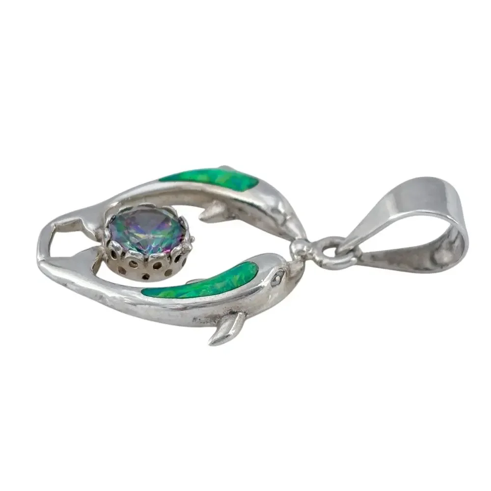 Vintage Sterling Silver 925 Green Opal Mystic Cubic Zirconia Dolphin Pendant